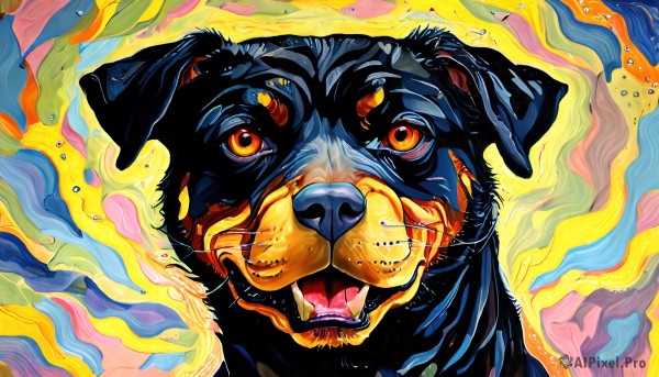 HQ,solo,looking at viewer,open mouth,red eyes,teeth,tongue,orange eyes,no humans,animal,fangs,traditional media,portrait,chinese zodiac,animal focus,whiskers,tiger,colorful,orange fur,yellow background,dog