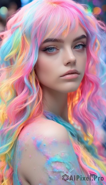 1girl,solo,long hair,looking at viewer,blue eyes,blonde hair,bare shoulders,blue hair,upper body,pink hair,multicolored hair,parted lips,teeth,artist name,blurry,from side,lips,eyelashes,makeup,blurry background,watermark,wavy hair,portrait,web address,eyeshadow,freckles,pink lips,realistic,nose,colorful,rainbow hair,bangs,closed mouth,orange hair,gradient hair,depth of field,bokeh