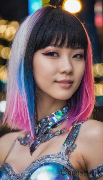 1girl,solo,breasts,looking at viewer,short hair,bangs,black hair,cleavage,bare shoulders,brown eyes,jewelry,medium breasts,upper body,pink hair,multicolored hair,parted lips,choker,medium hair,bra,blurry,black eyes,two-tone hair,lips,eyelashes,makeup,depth of field,blurry background,gem,armlet,eyeshadow,realistic,nose,bokeh,blunt bangs,necklace,gradient hair,portrait,veil