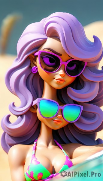 1girl,solo,long hair,breasts,looking at viewer,smile,cleavage,bare shoulders,jewelry,medium breasts,purple eyes,collarbone,swimsuit,closed eyes,upper body,purple hair,bikini,earrings,blurry,lips,makeup,blurry background,beach,sunglasses,lipstick,tan,multicolored clothes,eyeshadow,personification,curly hair,tinted eyewear,multicolored bikini,pink-tinted eyewear,purple-tinted eyewear,day,water,partially submerged,innertube