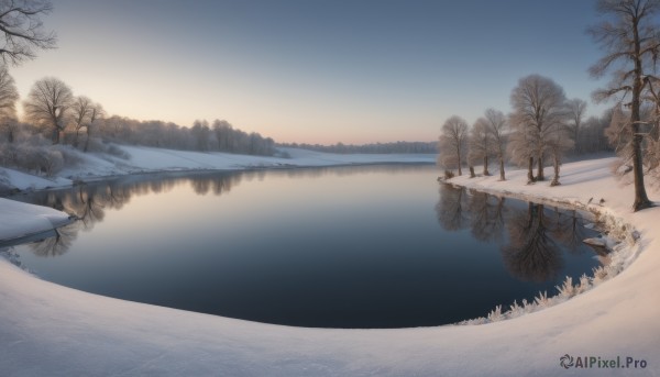 outdoors,sky,water,tree,no humans,nature,scenery,snow,forest,reflection,sunset,winter,bare tree,river,landscape,lake,pine tree,monochrome