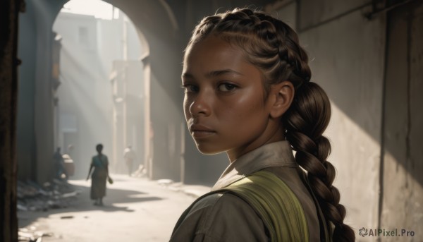 1girl,long hair,looking at viewer,multiple girls,brown hair,shirt,black hair,1boy,brown eyes,white shirt,upper body,weapon,braid,outdoors,parted lips,solo focus,day,looking back,dark skin,from behind,blurry,vest,dark-skinned female,lips,single braid,blurry background,sunlight,child,freckles,braided ponytail,realistic,nose,ruins,church,multiple boys,shadow,light rays,multiple others