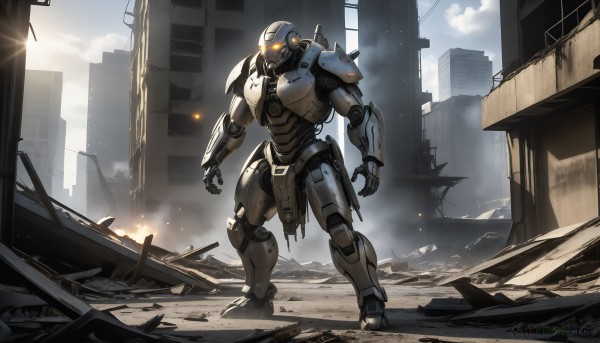 HQ,solo,standing,outdoors,sky,cloud,armor,no humans,glowing,fire,robot,building,mecha,smoke,science fiction,city,realistic,ruins,damaged,open hands,power armor,debris,embers,dust,rubble,signature,orange eyes,glowing eyes,dirty,destruction