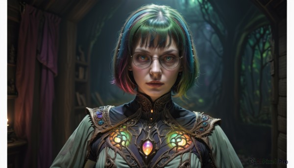 1girl,solo,looking at viewer,short hair,bangs,blue eyes,dress,jewelry,closed mouth,green eyes,upper body,multicolored hair,hairband,green hair,glasses,indoors,blurry,two-tone hair,lips,window,makeup,depth of field,blurry background,gem,realistic,nose,round eyewear,red lips,candle,stained glass,black hair,red hair,portrait,veil