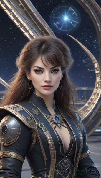 1girl,solo,long hair,breasts,looking at viewer,brown hair,long sleeves,cleavage,brown eyes,jewelry,medium breasts,closed mouth,upper body,earrings,sky,lips,makeup,night,cleavage cutout,star (sky),night sky,starry sky,science fiction,hoop earrings,realistic,nose,space,bangs,dress,artist name,gem