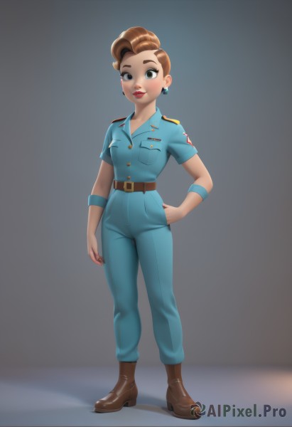 1girl,solo,breasts,looking at viewer,blush,short hair,blue eyes,simple background,brown hair,shirt,brown eyes,jewelry,standing,full body,short sleeves,earrings,boots,parted lips,belt,pants,grey background,mole,uniform,black eyes,dark-skinned female,lips,hand on hip,makeup,brown footwear,blue shirt,lipstick,wristband,pocket,belt buckle,blue pants,red lips,brown belt,breast pocket,smile,teeth,military,military uniform,hand in pocket,jumpsuit