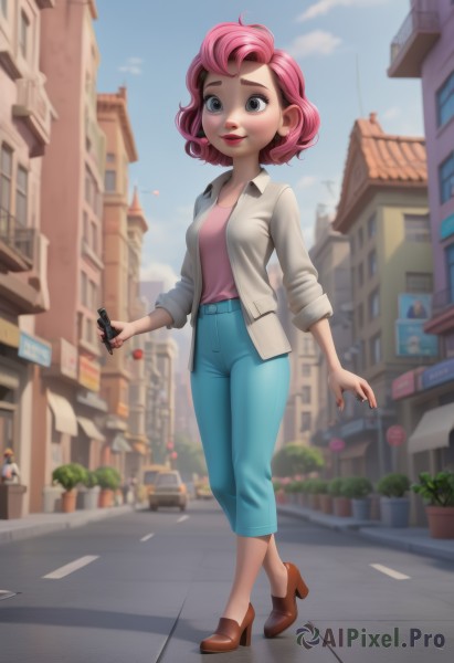 1girl,solo,breasts,looking at viewer,smile,short hair,shirt,long sleeves,holding,medium breasts,standing,jacket,full body,pink hair,small breasts,outdoors,parted lips,open clothes,sky,shoes,solo focus,day,pants,artist name,cloud,nail polish,blurry,high heels,open jacket,blue sky,lips,grey eyes,makeup,depth of field,blurry background,brown footwear,phone,white jacket,cellphone,plant,denim,lipstick,ground vehicle,building,motor vehicle,smartphone,walking,holding phone,pink shirt,jeans,city,grey jacket,blue pants,red lips,car,potted plant,road,street,pavement,sidewalk,jewelry,earrings,watermark,web address,town