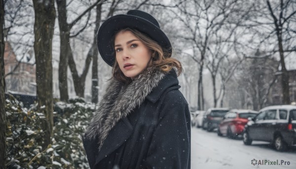 1girl,solo,looking at viewer,blue eyes,blonde hair,brown hair,hat,upper body,outdoors,parted lips,scarf,tree,lips,coat,fur trim,black headwear,ground vehicle,nature,motor vehicle,snow,forest,black coat,snowing,realistic,winter clothes,car,road,winter,bare tree,long hair,brown eyes,day,blurry,depth of field,bush,blue coat,winter coat