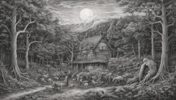 monochrome,greyscale,outdoors,sky,cloud,tree,no humans,night,traditional media,moon,grass,nature,scenery,full moon,forest,graphite (medium),house,deer,cloudy sky,mountain,architecture,horse,statue,landscape