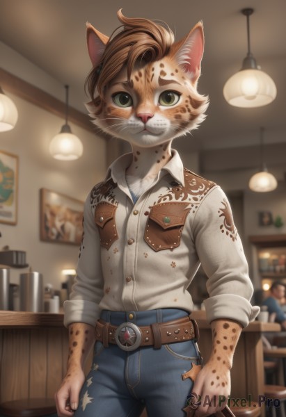 solo,looking at viewer,short hair,brown hair,shirt,long sleeves,1boy,animal ears,closed mouth,green eyes,standing,tail,white shirt,male focus,cowboy shot,solo focus,collared shirt,belt,pants,artist name,indoors,cat ears,blurry,vest,cup,cat tail,buttons,blurry background,watermark,chair,table,denim,furry,sleeves rolled up,clenched hands,freckles,pocket,jeans,furry female,blue pants,lamp,breast pocket,furry male,body fur,stool,animal nose,brown vest,snout,bar (place),light bulb,ceiling light,1girl,holding,star (symbol),depth of field,brown belt,badge,dirty