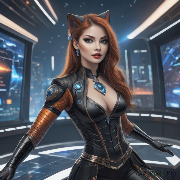 1girl,solo,long hair,breasts,looking at viewer,large breasts,brown hair,hair ornament,gloves,animal ears,cleavage,brown eyes,jewelry,medium breasts,sitting,earrings,black gloves,belt,artist name,indoors,cat ears,necklace,orange hair,mole,lips,grey eyes,bodysuit,makeup,forehead,zipper,science fiction,black bodysuit,red lips,holding,closed mouth,standing,red hair,cowboy shot,blurry,mole under eye,window,night,web address,freckles,realistic,nose