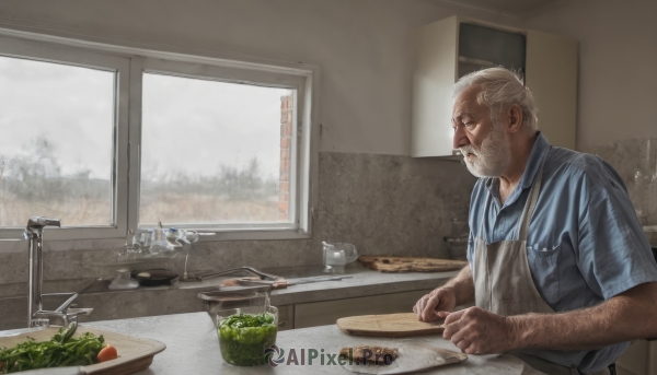 solo,short hair,shirt,1boy,closed mouth,upper body,white hair,short sleeves,grey hair,male focus,food,day,collared shirt,indoors,apron,cup,window,facial hair,table,blue shirt,knife,beard,plate,sleeves rolled up,realistic,mustache,holding knife,old,old man,cooking,kitchen,vegetable,arm hair,sink,kitchen knife,wrinkled skin,cutting board,onion,striped,from side,profile,scar,bottle,striped shirt,carrot,bread,tomato,counter,faucet,lettuce,potato