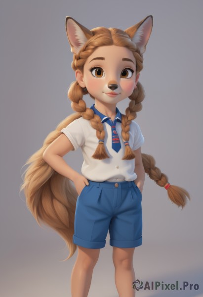 1girl,solo,long hair,looking at viewer,blush,smile,simple background,brown hair,shirt,animal ears,twintails,brown eyes,very long hair,closed mouth,school uniform,standing,tail,white shirt,braid,short sleeves,necktie,shorts,striped,collared shirt,grey background,twin braids,flat chest,fox ears,feet out of frame,fox tail,fox girl,child,dog ears,furry,forehead,blue shorts,hands on hips,blue necktie,hands in pockets,furry female,female child,body fur,striped necktie,lips,animal ear fluff,denim,extra ears,freckles,dog tail,nose,dog girl