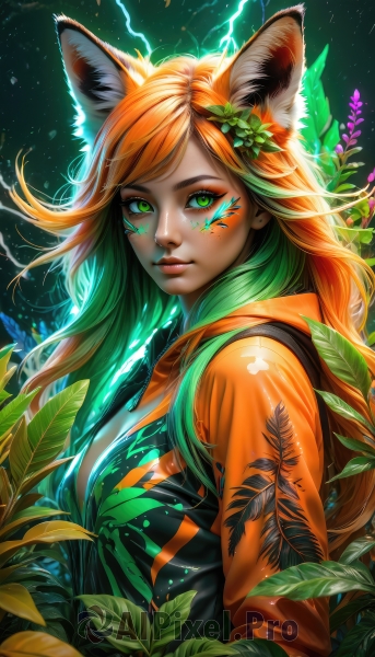 1girl,solo,long hair,breasts,looking at viewer,bangs,large breasts,hair ornament,animal ears,cleavage,medium breasts,closed mouth,green eyes,upper body,flower,multicolored hair,green hair,artist name,hair flower,hood,orange hair,from side,two-tone hair,lips,animal ear fluff,fox ears,eyelashes,gradient hair,makeup,swept bangs,glowing,leaf,watermark,facial mark,hood down,plant,eyeshadow,freckles,pink lips,nose,electricity,eyeliner,whisker markings,facepaint,leaf hair ornament,glowing hair,long sleeves,jacket,fox girl,web address,light particles,lightning,orange jacket,clover,four-leaf clover