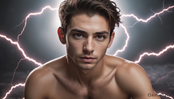 solo,looking at viewer,short hair,brown hair,black hair,1boy,brown eyes,closed mouth,collarbone,upper body,male focus,nude,lips,facial hair,portrait,freckles,topless male,realistic,stubble,electricity,chest hair,lightning,arm hair,muscular,pectorals,muscular male,bara