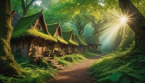 outdoors,day,tree,no humans,window,sunlight,grass,plant,building,nature,scenery,forest,light rays,stairs,door,road,bush,sunbeam,house,path,multiple boys,leaf,fantasy