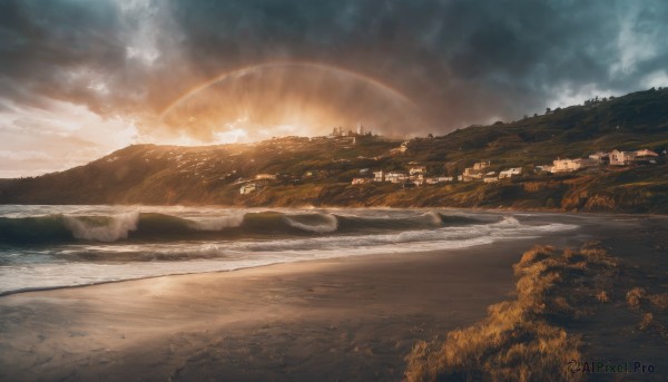 outdoors,sky,day,cloud,water,tree,no humans,ocean,beach,sunlight,cloudy sky,building,nature,scenery,lens flare,smoke,sunset,light rays,mountain,city,sand,sun,horizon,road,cityscape,river,landscape,shore,night,forest,city lights