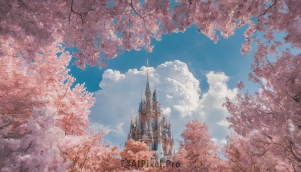 outdoors,sky,day,cloud,tree,blue sky,petals,no humans,cloudy sky,cherry blossoms,building,scenery,fantasy,castle,tower,spring (season),solo