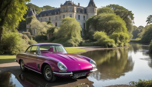 HQ,outdoors,sky,day,water,tree,no humans,grass,ground vehicle,building,nature,scenery,motor vehicle,forest,reflection,car,road,bush,bridge,vehicle focus,castle,sports car,blue sky,river