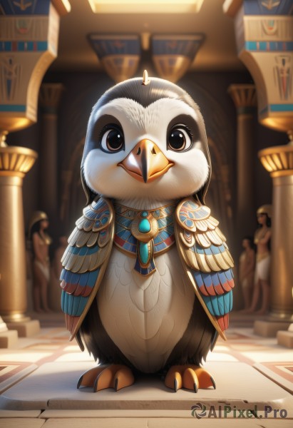 solo,looking at viewer,brown eyes,jewelry,closed mouth,standing,full body,solo focus,artist name,indoors,necklace,blurry,no humans,depth of field,blurry background,bird,animal,feathers,gem,animal focus,pillar,gold,blue gemstone,talons,beak,column,wings,watermark,statue