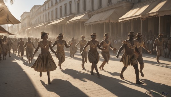 1girl,short hair,multiple girls,skirt,hat,jewelry,outdoors,multiple boys,barefoot,day,shadow,holding hands,6+girls,building,walking,6+boys,epaulettes,running,long skirt,dancing,crowd,people,dress,monochrome,road,street