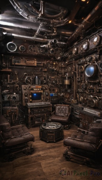 indoors,no humans,chair,robot,scenery,science fiction,wooden floor,cable,gears,steampunk,machine,machinery,stairs,realistic,clock,lamp,speaker