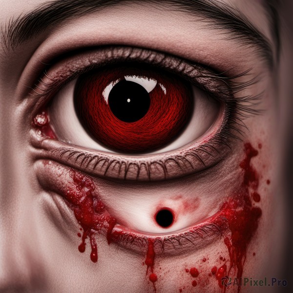 solo,looking at viewer,red eyes,1boy,male focus,black eyes,eyelashes,blood,close-up,wide-eyed,blood on face,realistic,horror (theme),bleeding,eye focus,blood from eyes,teeth,eyeball,extra eyes,guro