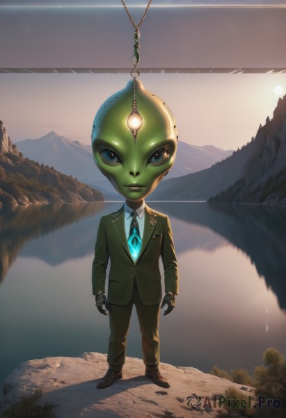 solo,looking at viewer,blue eyes,shirt,1boy,standing,jacket,full body,white shirt,male focus,necktie,pants,glowing,colored skin,formal,suit,gem,reflection,mountain,bald,green skin,alien,gloves,long sleeves,closed mouth,outdoors,sky,shoes,collared shirt,tree,no humans,shadow,star (sky),blue necktie,rock,black suit