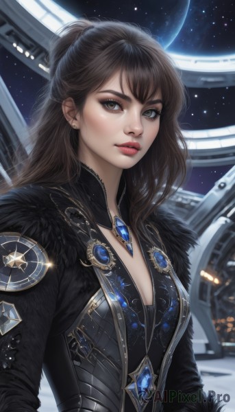 1girl,solo,long hair,breasts,looking at viewer,bangs,brown hair,cleavage,brown eyes,jewelry,medium breasts,upper body,earrings,small breasts,parted lips,sky,lips,coat,fur trim,eyelashes,makeup,lipstick,brooch,gem,star (sky),eyeshadow,half updo,starry sky,realistic,nose,red lips,space,planet,science fiction,fur collar,emblem,eyeliner