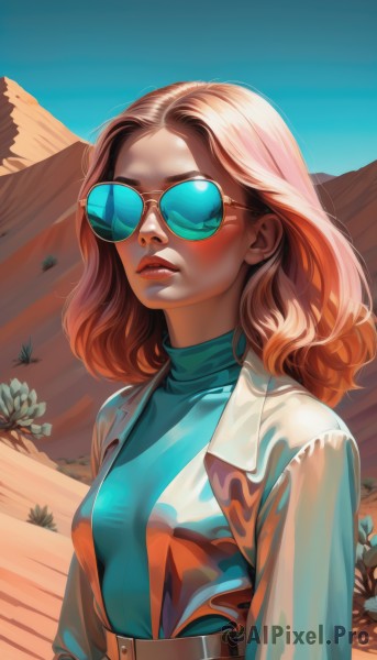 1girl,solo,long hair,breasts,brown hair,shirt,long sleeves,jacket,upper body,small breasts,outdoors,parted lips,open clothes,sky,glasses,teeth,day,belt,medium hair,orange hair,open jacket,blue sky,lips,makeup,turtleneck,sunglasses,blue shirt,lipstick,buckle,belt buckle,nose,round eyewear,red lips,tinted eyewear,aqua shirt,orange-tinted eyewear,medium breasts,flower,artist name,coat,forehead,brown jacket,mountain,realistic,desert