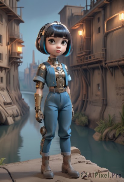 1girl,solo,looking at viewer,short hair,bangs,black hair,brown eyes,closed mouth,blue hair,standing,full body,short sleeves,multicolored hair,small breasts,boots,outdoors,pants,blunt bangs,water,black eyes,two-tone hair,lips,streaked hair,brown footwear,bob cut,building,science fiction,android,mechanical arms,cyborg,single mechanical arm,steampunk,gloves,jewelry,belt,jeans,joints,robot joints