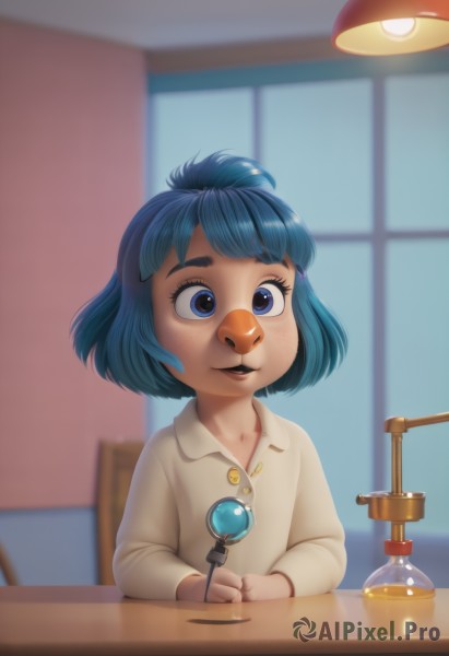 1girl,solo,smile,short hair,open mouth,bangs,blue eyes,shirt,long sleeves,holding,blue hair,white shirt,upper body,parted lips,collared shirt,indoors,blurry,window,blurry background,table,child,personification,freckles,female child,lamp,desk lamp,looking at viewer,hair ornament,teeth,hairclip,buttons,watermark,thick eyebrows,buck teeth