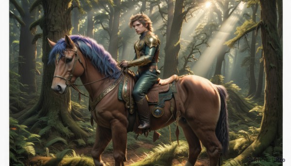 1girl,solo,looking at viewer,short hair,blue eyes,brown hair,long sleeves,1boy,brown eyes,closed mouth,male focus,boots,outdoors,pointy ears,pants,armor,from side,tree,animal,sunlight,grass,plant,shoulder armor,gauntlets,nature,scenery,forest,pauldrons,light rays,vambraces,riding,sunbeam,horse,green pants,horseback riding,reins,saddle,shirt,day,brown footwear,blue shirt,breastplate,fantasy