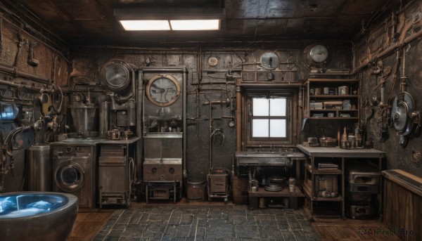 indoors,water,cup,no humans,window,bottle,scenery,wooden floor,door,clock,cable,shelf,kitchen,frying pan,sink,industrial pipe,faucet,cabinet,stove,washing machine,day,tiles,bucket,tile floor,jar,rug