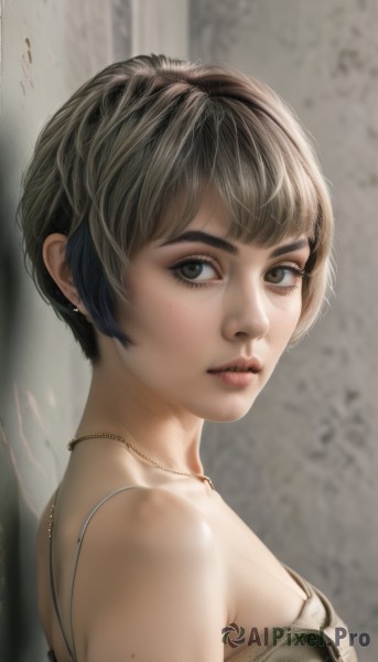 1girl,solo,breasts,looking at viewer,short hair,bangs,brown hair,black hair,bare shoulders,brown eyes,jewelry,upper body,earrings,necklace,mole,black eyes,from side,lips,looking to the side,eyelashes,realistic,nose,dress,closed mouth,green eyes,artist name,expressionless,freckles