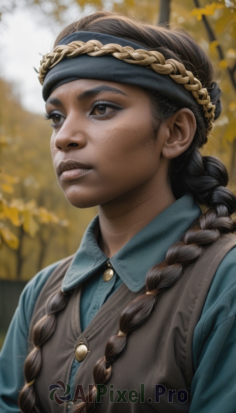 1girl,solo,long hair,brown hair,shirt,black hair,brown eyes,upper body,braid,outdoors,parted lips,teeth,day,collared shirt,blurry,vest,twin braids,lips,buttons,blurry background,headband,looking away,blue shirt,freckles,realistic,nose,brown vest,artist name,depth of field,looking up,hair over shoulder,looking afar,blue vest