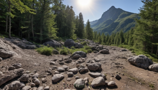 outdoors,sky,day,cloud,tree,blue sky,no humans,grass,nature,scenery,forest,rock,mountain,landscape,stone,sunlight,sun