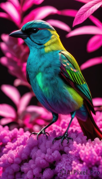 solo,closed mouth,standing,full body,flower,blurry,black eyes,pokemon (creature),no humans,depth of field,blurry background,bird,animal,leaf,feathers,realistic,animal focus,talons,beak,parrot,looking at viewer,pink flower