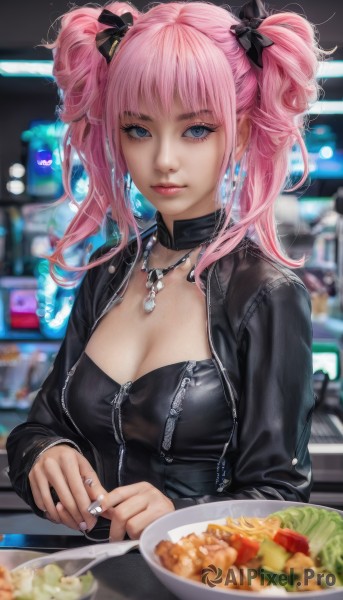 1girl,solo,long hair,breasts,looking at viewer,bangs,blue eyes,long sleeves,bow,cleavage,twintails,jewelry,medium breasts,closed mouth,jacket,upper body,pink hair,hair bow,earrings,food,choker,necklace,nail polish,blurry,lips,black jacket,makeup,depth of field,blurry background,ring,plate,zipper,realistic,spoon,leather,leather jacket,large breasts,holding,open clothes,artist name,open jacket,eyelashes,black bow,piercing,knife,black nails,nose,fork