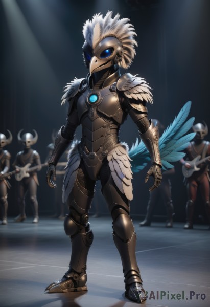 looking at viewer,blue eyes,blonde hair,holding,standing,tail,full body,white hair,male focus,multiple boys,wings,horns,solo focus,armor,mask,glowing,helmet,feathers,instrument,feathered wings,music,guitar,multiple others,playing instrument,holding instrument,electric guitar,ambiguous gender,stage,feather trim,spotlight,6+others,weapon,boots,blurry,shoulder armor,gauntlets,gem,1other,pauldrons,light rays,breastplate,armored boots,fake horns,greaves,faulds,full armor,blue gemstone,leg armor