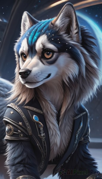 solo,smile,1boy,brown eyes,jewelry,closed mouth,blue hair,jacket,upper body,male focus,open clothes,artist name,signature,open jacket,black jacket,no humans,animal,looking up,furry,colored sclera,space,furry male,leather,animal focus,planet,wolf,leather jacket,looking at viewer,animal ears,multicolored hair,teeth,grin,watermark,wolf ears,star (sky)