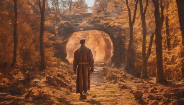 solo,short hair,black hair,long sleeves,1boy,hat,standing,male focus,outdoors,japanese clothes,day,from behind,tree,coat,nature,scenery,forest,walking,rock,arms at sides,facing away,autumn leaves,brown coat,autumn,orange theme,wide shot,sepia,brown theme