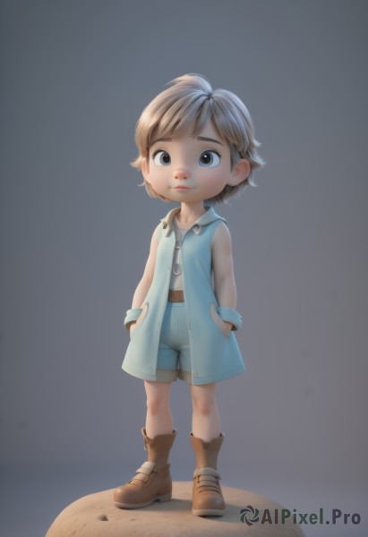 1girl,solo,looking at viewer,short hair,blonde hair,simple background,brown hair,shirt,brown eyes,jewelry,closed mouth,standing,full body,boots,shorts,sleeveless,belt,grey background,black eyes,brown footwear,child,freckles,blue shorts,hands in pockets,female child,smile,blue eyes,1boy,male focus,vest,lips,realistic,faux figurine