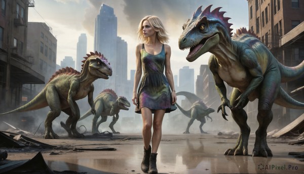 HQ,1girl,solo,short hair,blue eyes,blonde hair,dress,bare shoulders,standing,tail,yellow eyes,boots,outdoors,sky,teeth,cloud,black footwear,lips,sharp teeth,building,walking,monster,city,realistic,dragon,road,scales,ruins,street,skyscraper,puddle,dinosaur,kaijuu,post-apocalypse,open mouth,claws