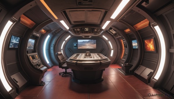 indoors,no humans,shadow,scenery,reflection,science fiction,wooden floor,realistic,spacecraft,cockpit,window,chair,robot,machinery,monitor,planet,screen,hologram