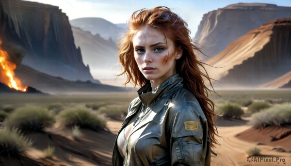 HQ,1girl,solo,long hair,breasts,looking at viewer,blue eyes,brown hair,cleavage,jewelry,medium breasts,jacket,upper body,outdoors,parted lips,open clothes,day,necklace,open jacket,lips,scar,grass,fire,messy hair,eyewear on head,mountain,realistic,leather,dirty,leather jacket,dirty face,denim jacket,blonde hair,sky,blurry,torn clothes,blood,feathers,denim,wind,nature,injury,explosion,desert,cliff,burning