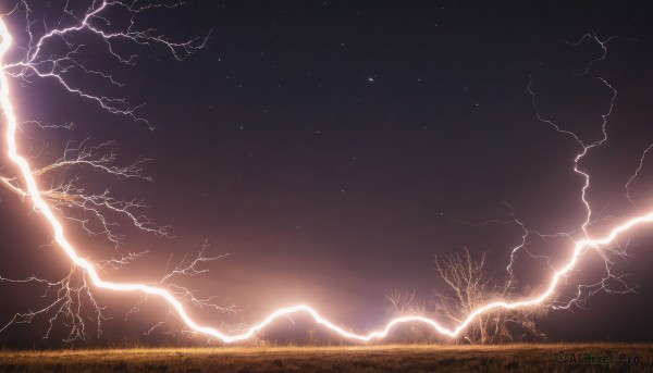 outdoors,sky,cloud,tree,no humans,night,grass,star (sky),night sky,scenery,starry sky,electricity,bare tree,lightning,nature,dark,field,landscape