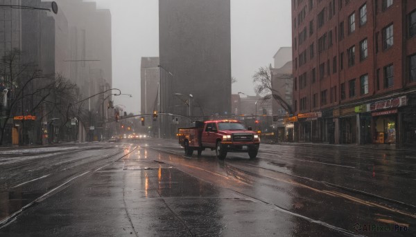 outdoors,sky,tree,no humans,ground vehicle,building,scenery,motor vehicle,reflection,city,sign,car,road,cityscape,lamppost,bare tree,street,skyscraper,road sign,grey sky,traffic light,crosswalk,sidewalk,day,cloud,window,cloudy sky,rain,puddle