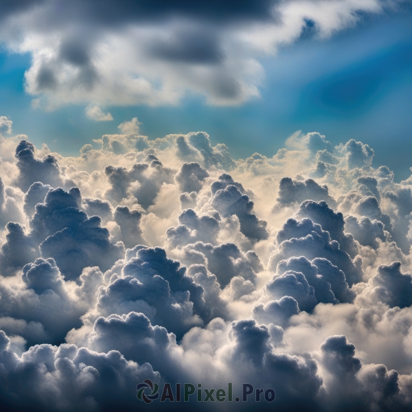 outdoors,sky,day,cloud,blue sky,no humans,cloudy sky,scenery,blue theme,above clouds,cumulonimbus cloud,monochrome,sunlight,rainbow