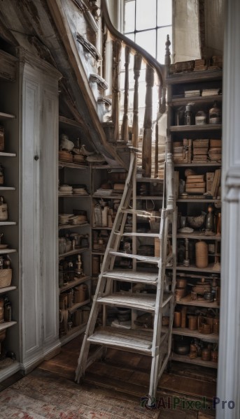 day,indoors,book,no humans,window,bottle,scenery,wooden floor,stairs,door,railing,bookshelf,shelf,jar,ladder,sunlight,box,shop,cage